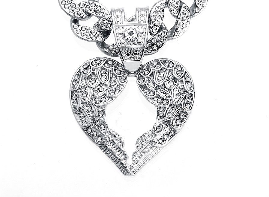 Unisex New Arrival Full Diamond Alloy Wing Pendant Cuban Chain Necklace Trendy Wing Heart Pendant Accessories_ipsvogv.com