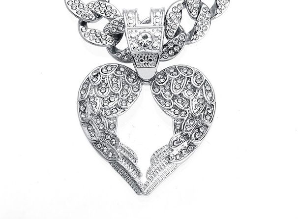 Unisex New Arrival Full Diamond Alloy Wing Pendant Cuban Chain Necklace Trendy Wing Heart Pendant Accessories_ipsvogv.com