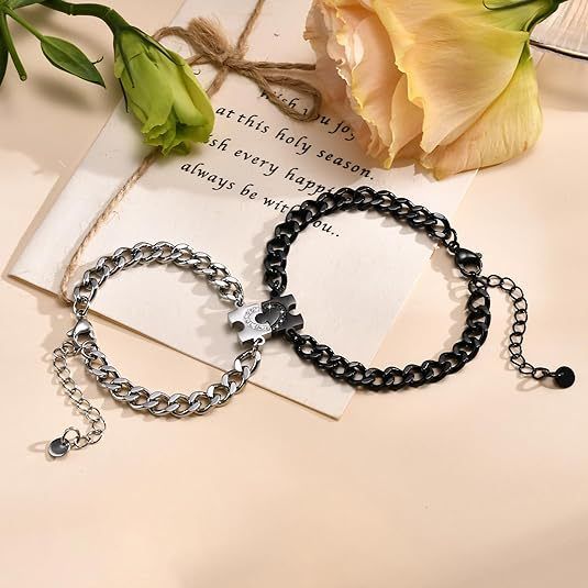 Hot Selling Stainless Steel Inlaid Diamond Puzzle Valentine's Day Heart Bracelet Black And White Simple Style Couple_ipsvogv.com