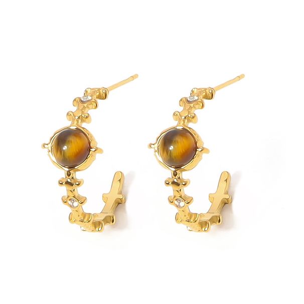 Women's Jewelry Retro Tiger Stone Earrings Titanium Steel Electroplated Gold Non Fading Natural Stone Earrings Light Luxury Brown Earrings_ipsvogv.com
