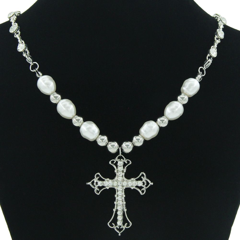 Sweet Cool Style Cross Pendant Pearl Diamond Splice Necklace Women Wear Collar Chain Neckchain_ipsvogv.com