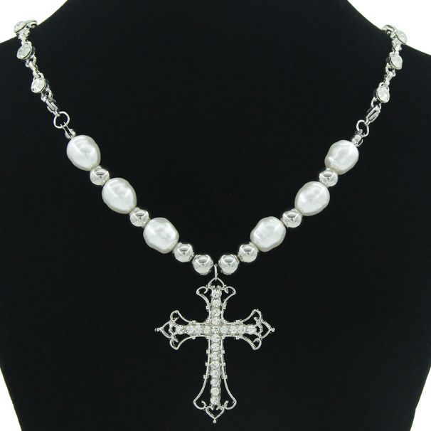 Sweet Cool Style Cross Pendant Pearl Diamond Splice Necklace Women Wear Collar Chain Neckchain_ipsvogv.com