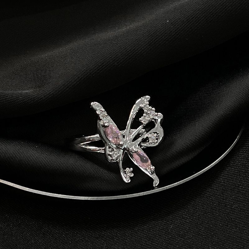 Sweet And Cool Pink Heart Full Diamond Zircon Butterfly Open Candy Light Luxury Niche Design High Sense Finger Ring_ipsvogv.com