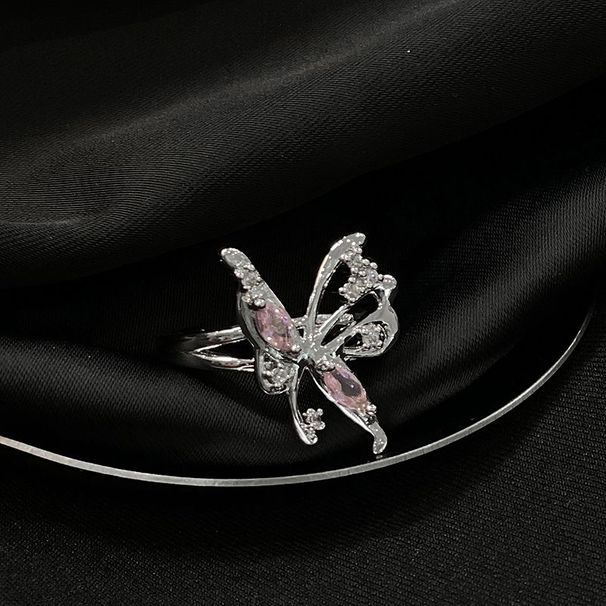 Sweet And Cool Pink Heart Full Diamond Zircon Butterfly Open Candy Light Luxury Niche Design High Sense Finger Ring_ipsvogv.com