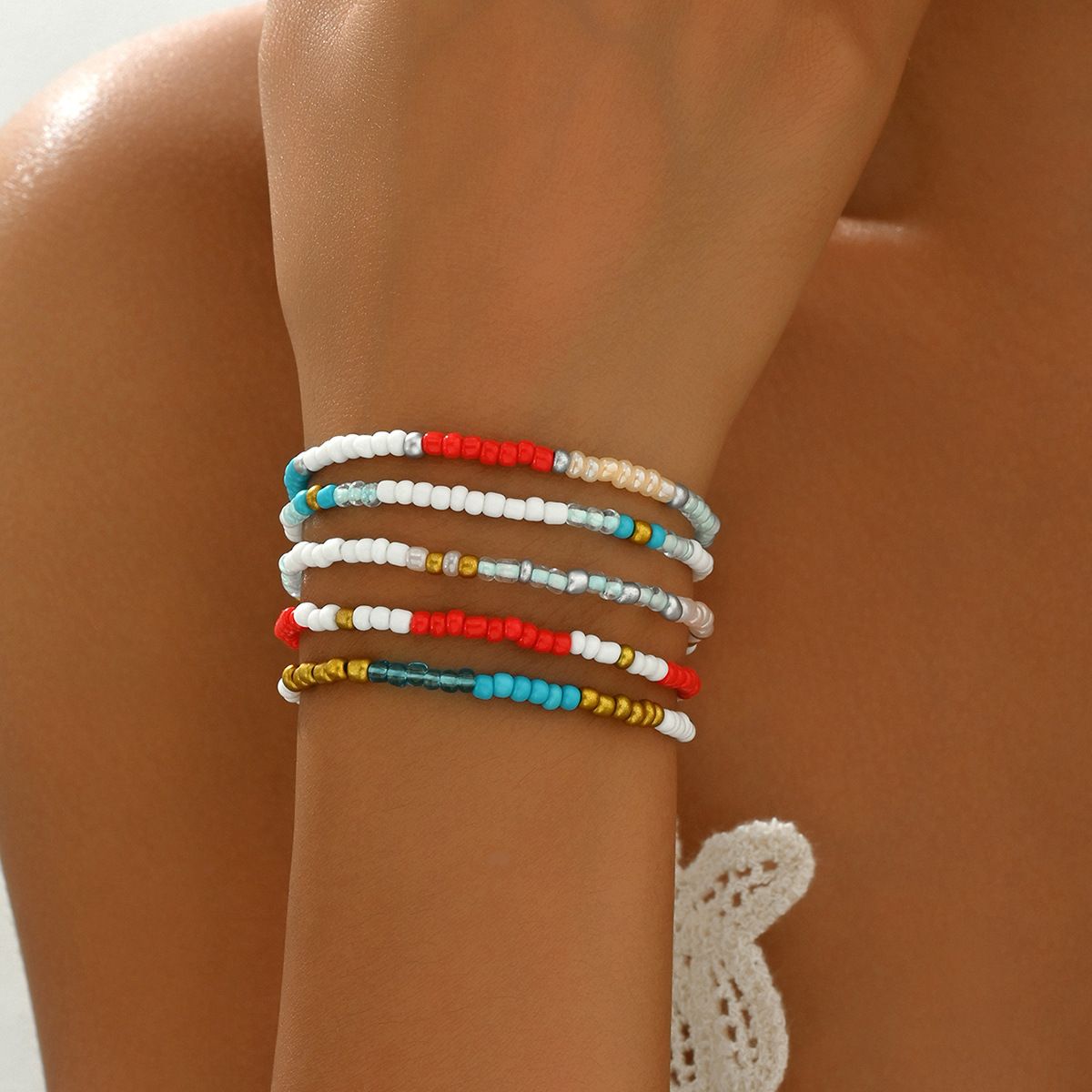 Minimalist style women's bead with personalized colorful rice beads, niche design, five piece bracelet set_ipsvogv.com