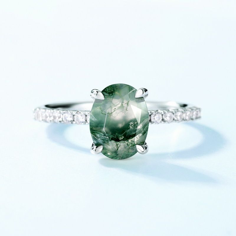 Simple Natural Water Grass Agate Ring S925 Silver Claw Inlaid Green Moss Light Luxury Fashion All Match_ipsvogv.com