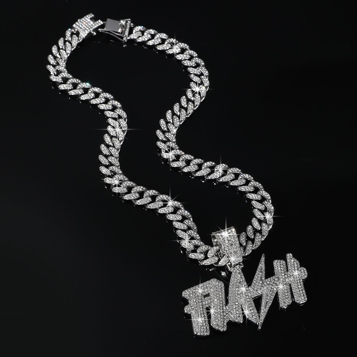 Hip hop full diamond new letter pendant pendant, trendy personality street dance versatile Cuban chain necklace_ipsvogv.com