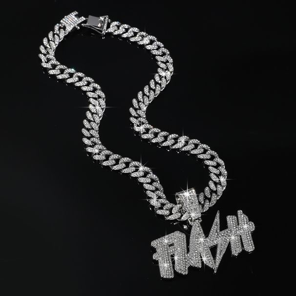 Hip hop full diamond new letter pendant pendant, trendy personality street dance versatile Cuban chain necklace_ipsvogv.com
