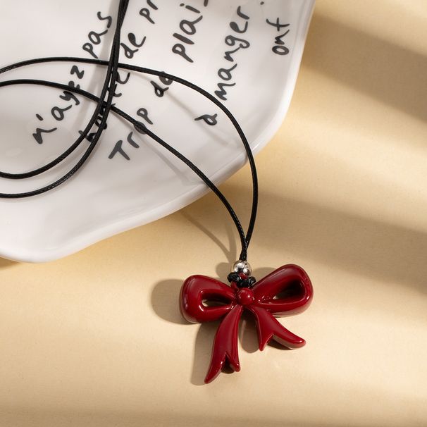 Autumn Winter Burgundy Ribbon Heart Bow Pendant Necklace Light Luxury Ancora Red Versatile Long Sweater Chain_ipsvogv.com
