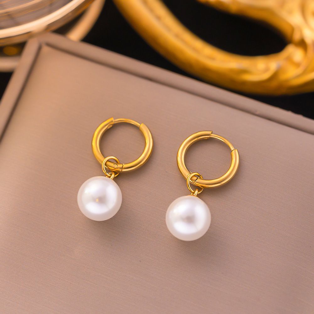 New French Pearl Pendant For Women, Titanium Steel Gold Plated Simple Earrings And Earrings, Trendy_ipsvogv.com