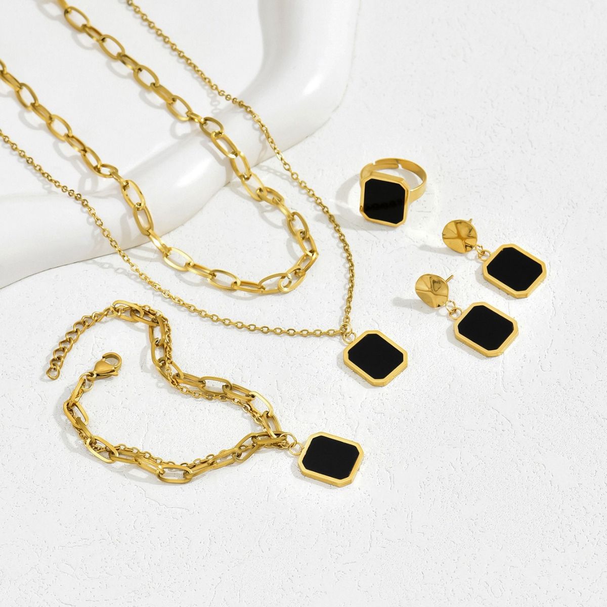 Ins high-end double-layer stacked black square necklace earring set light luxury niche bracelet index finger ring_ipsvogv.com