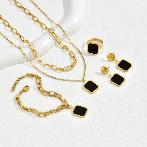 Ins high-end double-layer stacked black square necklace earring set light luxury niche bracelet index finger ring_ipsvogv.com