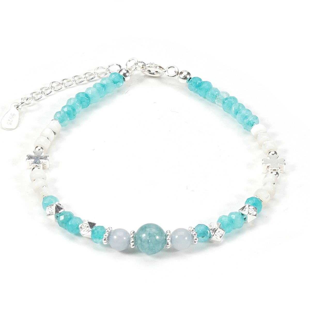 Of Faceted Lake Blue Crystal Shell Four Leaf Clover Round Beads Natural Stone Bracelet Necklace Set_ipsvogv.com