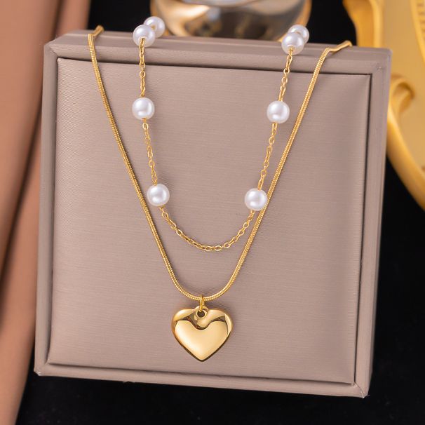 【 New Product 】 Multi Layer Bead Gold Love Necklace For Women INS Fashion Stainless Steel Peach Heart Jewelry Set_ipsvogv.com