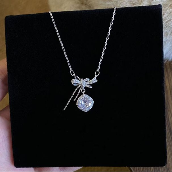 S Pure Silver Bow Square Sugar Necklace For Women, Niche Design, Light Luxury Temperament, High-end Feel, Versatile_ipsvogv.com