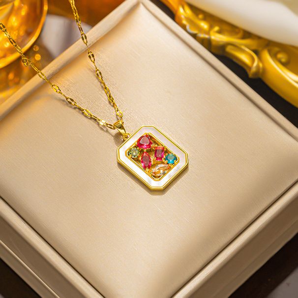 New Colored Zirconium Square Plate Pendant Necklace for Women in Bohemian Style Titanium Steel Lock Bone Chain Gold_ipsvogv.com