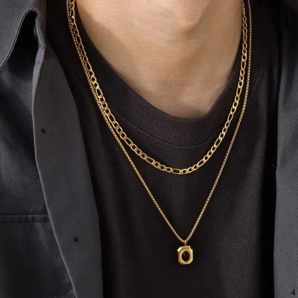 Stylish Black Square Necklace For Men Golden Color 14k Yellow Gold Rope Cuban Box Figaro Wheat Chain Double Layered_ipsvogv.com