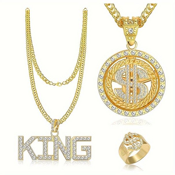 and King Chain Dollar Symbol Ring Hip Hop Costume Rock Star Rap Singer Necklace Set_ipsvogv.com