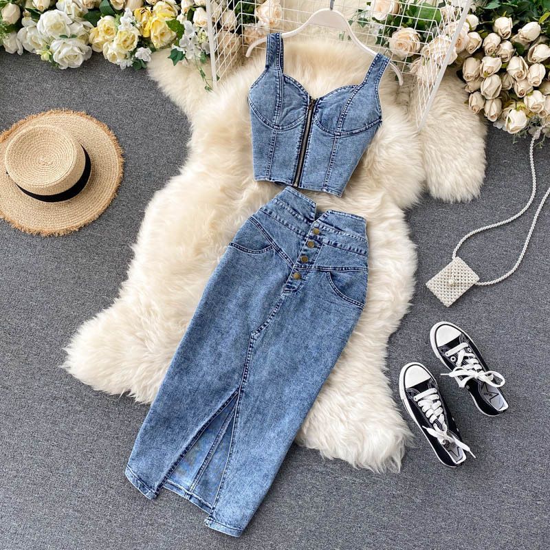Women's fashion halter tank top high waisted denim skirt_ipsvogv.com