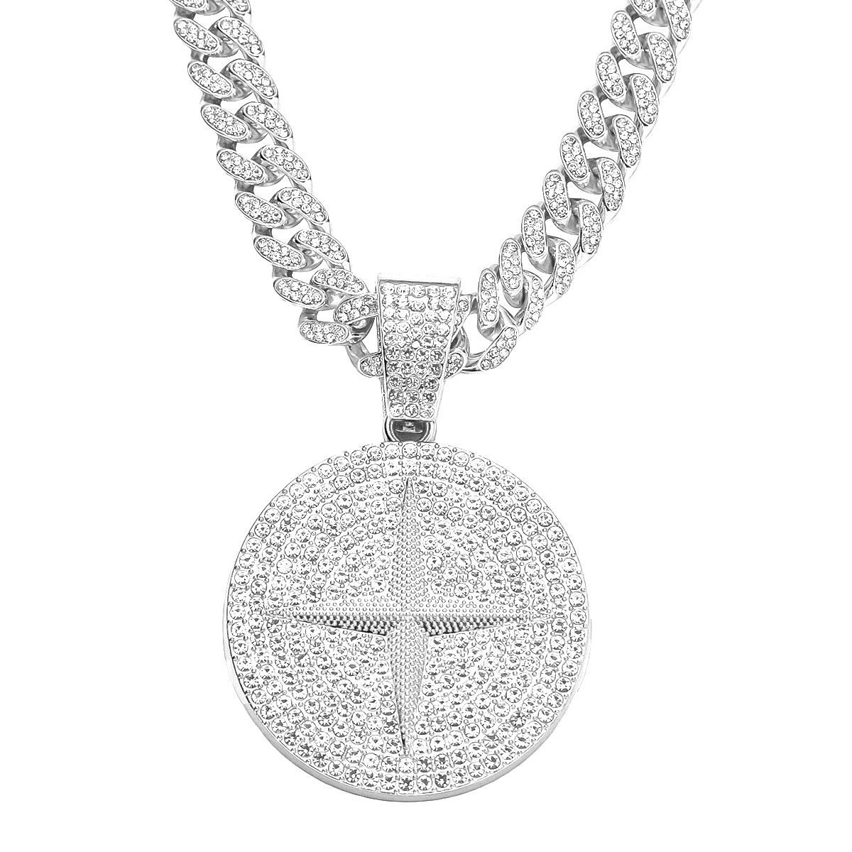 Full Diamond Alloy Cross Star Pendant Hip Hop Cuban Necklace Trendy Rap Disc Collar Chain_ipsvogv.com