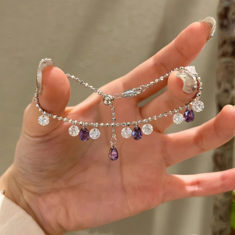 Light Luxury High-end Purple Zircon Tassel Necklace With High Aesthetic Value Bracelet Set, Exquisite Temperament,_ipsvogv.com