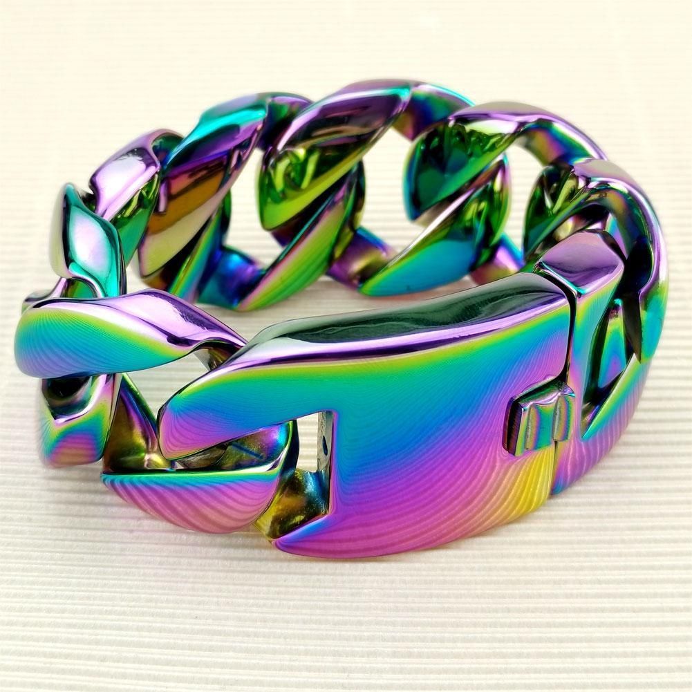 Rainbow Iridescent 32mm Man's Heavy Weight Bling Massive 316L Stainless Steel Bracelet_ipsvogv.com