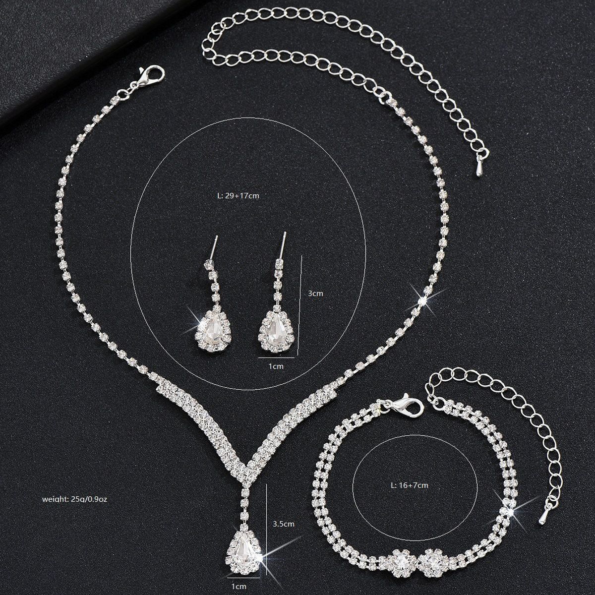 Claw Chain Sparkling Full Diamond Glass Water Drop Necklace Earrings Bracelet Three-Piece Set Bridal Wedding Jewelry_ipsvogv.com