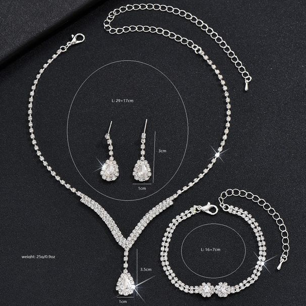 Claw Chain Sparkling Full Diamond Glass Water Drop Necklace Earrings Bracelet Three-Piece Set Bridal Wedding Jewelry_ipsvogv.com