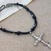 Dark Gothic Style Silver Winding Cross Pendant Necklace With Niche Design, Black Braided Leather Rope Collarbone Chain_ipsvogv.com