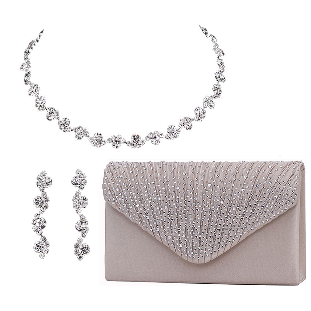 Fashion diamond suit evening bag necklace earrings female wave rhinestone simple handbag three piece accessories_ipsvogv.com