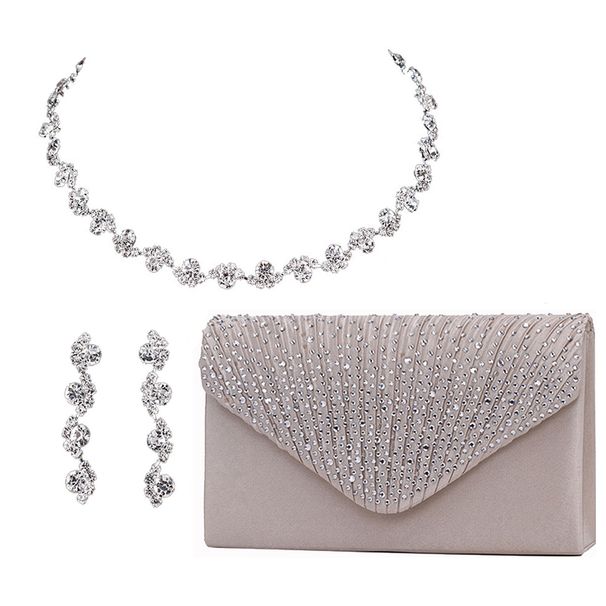 Fashion diamond suit evening bag necklace earrings female wave rhinestone simple handbag three piece accessories_ipsvogv.com