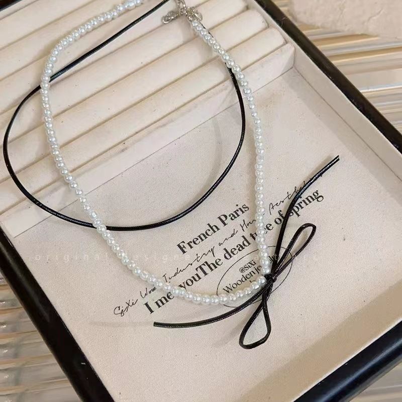 Sweet Korean Style Double Layer Stacked Bowknot Pearl Hot Girl Ribbon Necklace Elegant Collarbone Chain Versatile_ipsvogv.com
