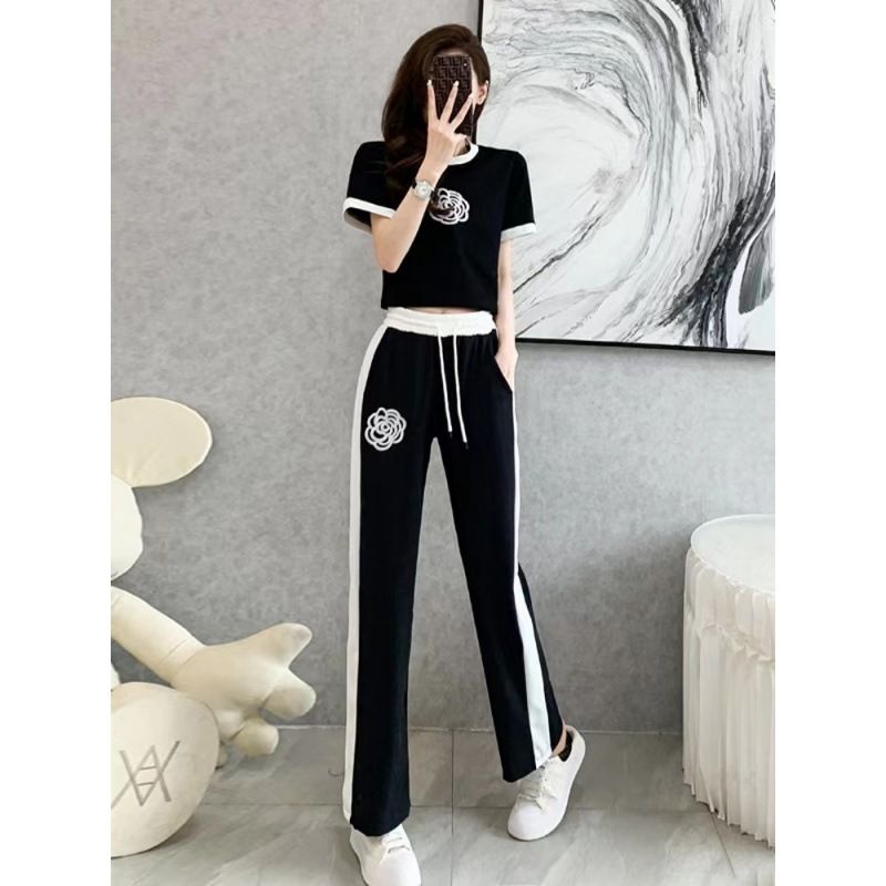 Women's casual knitted suit for women in summer, thin style, fashionable and fashionable, age-reducing wide-leg pants, fashionable two-piece set_ipsvogv.com