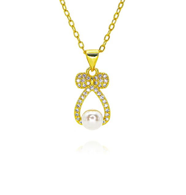 Fashionable Temperament Bow Pearl Pendant Necklace Light Luxury High End Niche Inlaid Zircon Clavicle Necklace_ipsvogv.com