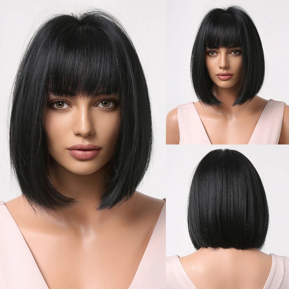 hot selling Short Wine Red For Women Bury Bob Wigs With Thick Bangs Heat Resistant Synthetic Wig_ipsvogv.com