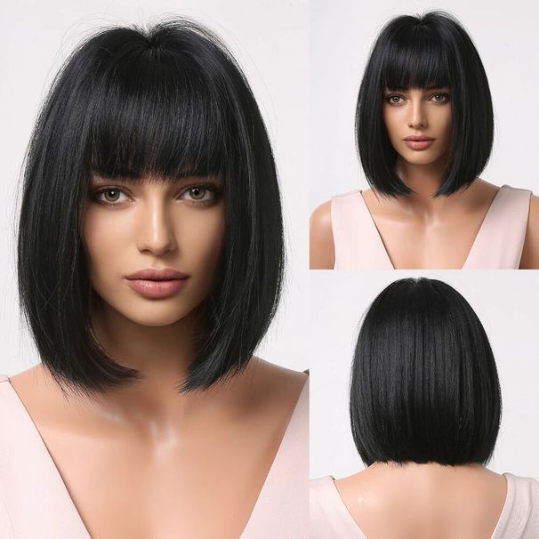 hot selling Short Wine Red For Women Bury Bob Wigs With Thick Bangs Heat Resistant Synthetic Wig_ipsvogv.com