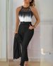 Women's Clothing autumn and summer temperament commuting print cross strap gradient top + solid color slim pants two piece set_ipsvogv.com