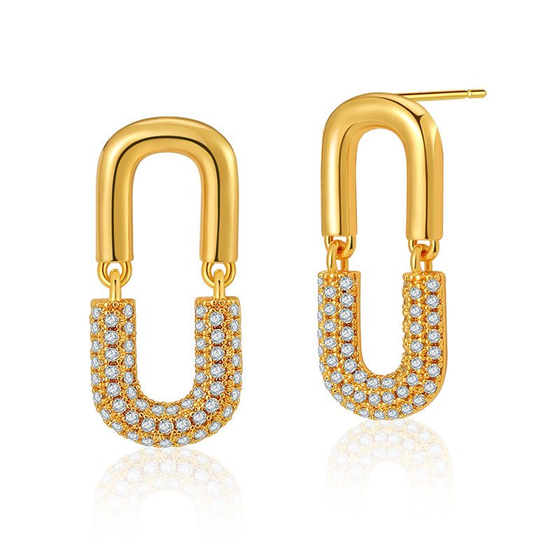 Metal U shaped earrings stitching design personality earrings inlaid with zircon temperament paper clip copper plated with K real gold_ipsvogv.com