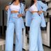 Women's Clothing Elegant Solid Color Split Sleeve Lapel Suit Pocket Straight Pants Suit_ipsvogv.com