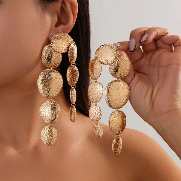Exaggerated Geometric Texture Oval Collarbone Necklace Fashionable Metal Long Tassel Earrings_ipsvogv.com