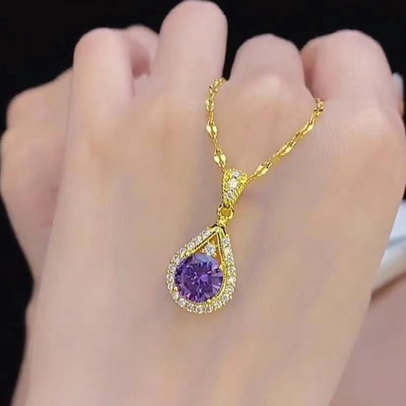 Internet Celebrity Micro Inlaid Purple Water Droplet Pendant Necklace For Women, Fashionable And Versatile, Light Luxury_ipsvogv.com