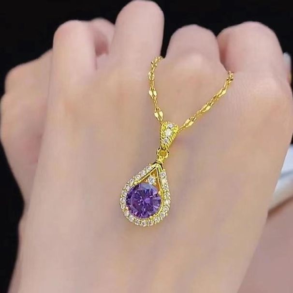 Internet Celebrity Micro Inlaid Purple Water Droplet Pendant Necklace For Women, Fashionable And Versatile, Light Luxury_ipsvogv.com