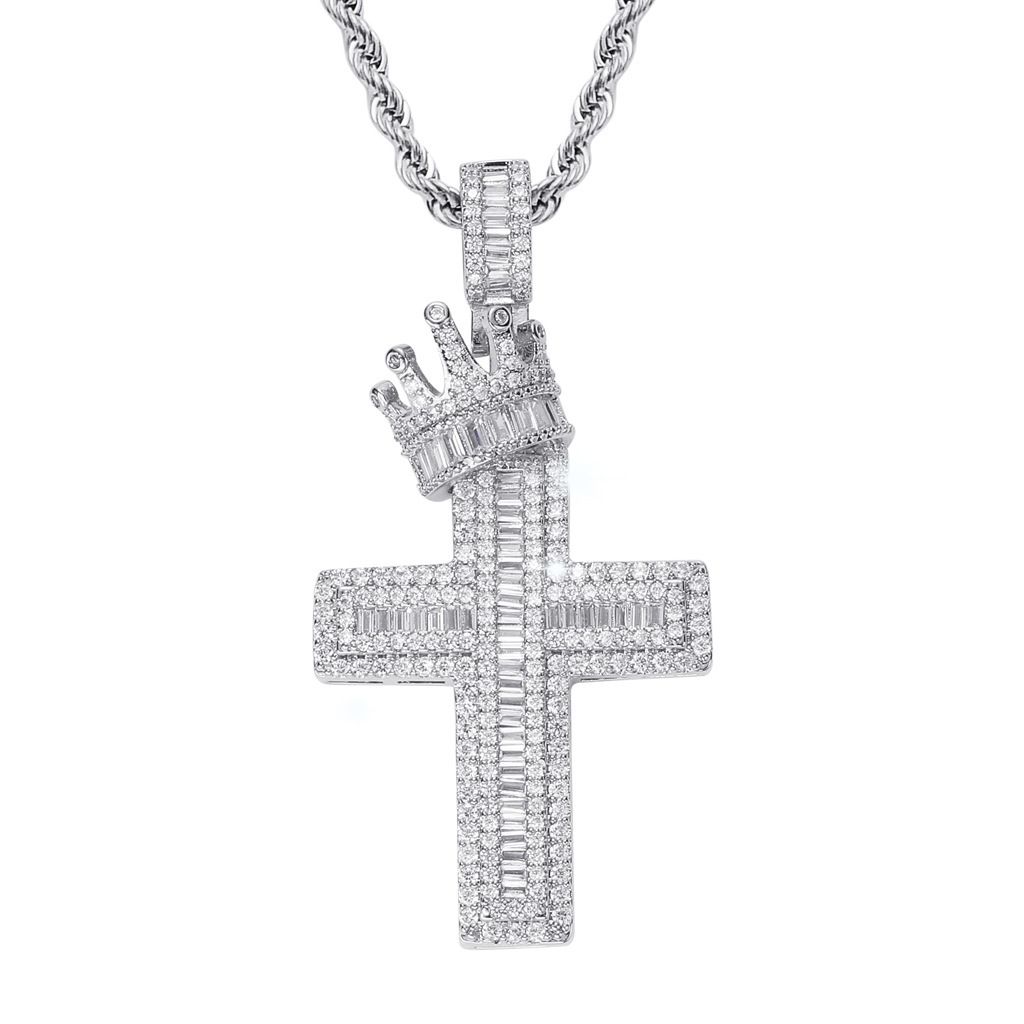 Full Diamond Hip-Hop Style Micro-Inlaid Zircon Crown Cross Pendant Trendy American Necklace Clavicle Chain_ipsvogv.com