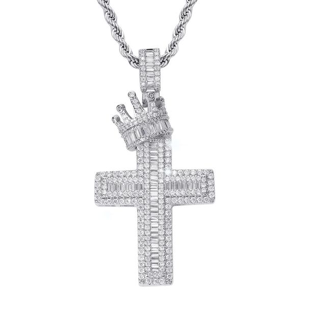Full Diamond Hip-Hop Style Micro-Inlaid Zircon Crown Cross Pendant Trendy American Necklace Clavicle Chain_ipsvogv.com