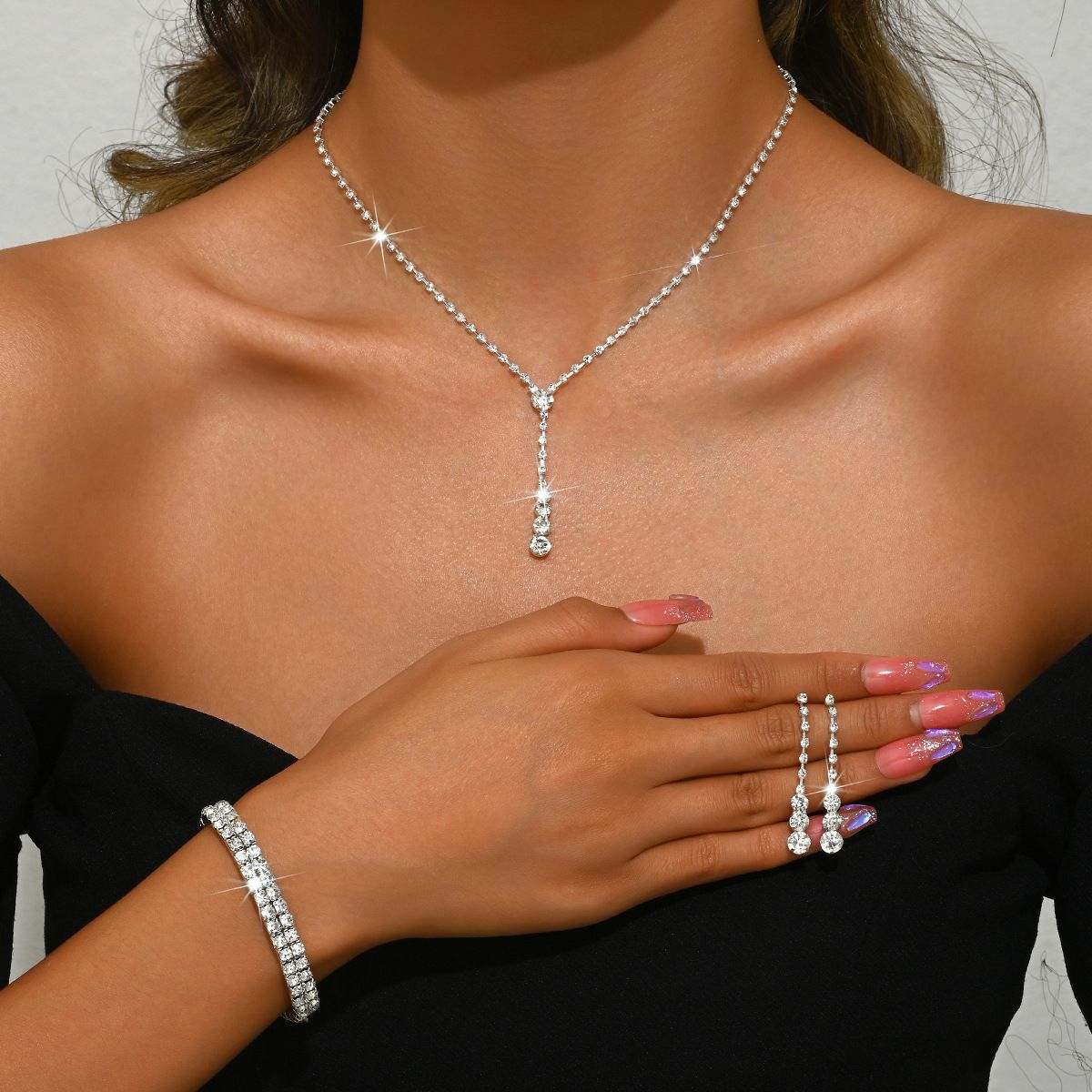 Women’s Jewelry Set FashionFashionable And Simple Popular Jewelry Set With Diamonds Double Row Long Necklace Earrings And Bracelet For Wedding_ipsvogv.com