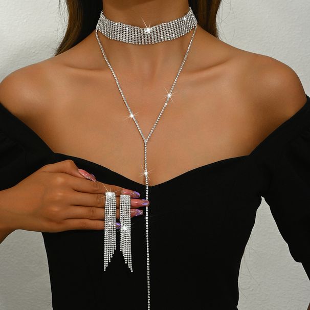 Women’s Jewelry Set Fashion Exquisite Claw Chain Y Shaped Rhinestone Full Diamond Necklace Neck Chain Clavicle Chain Versatile Accessories_ipsvogv.com