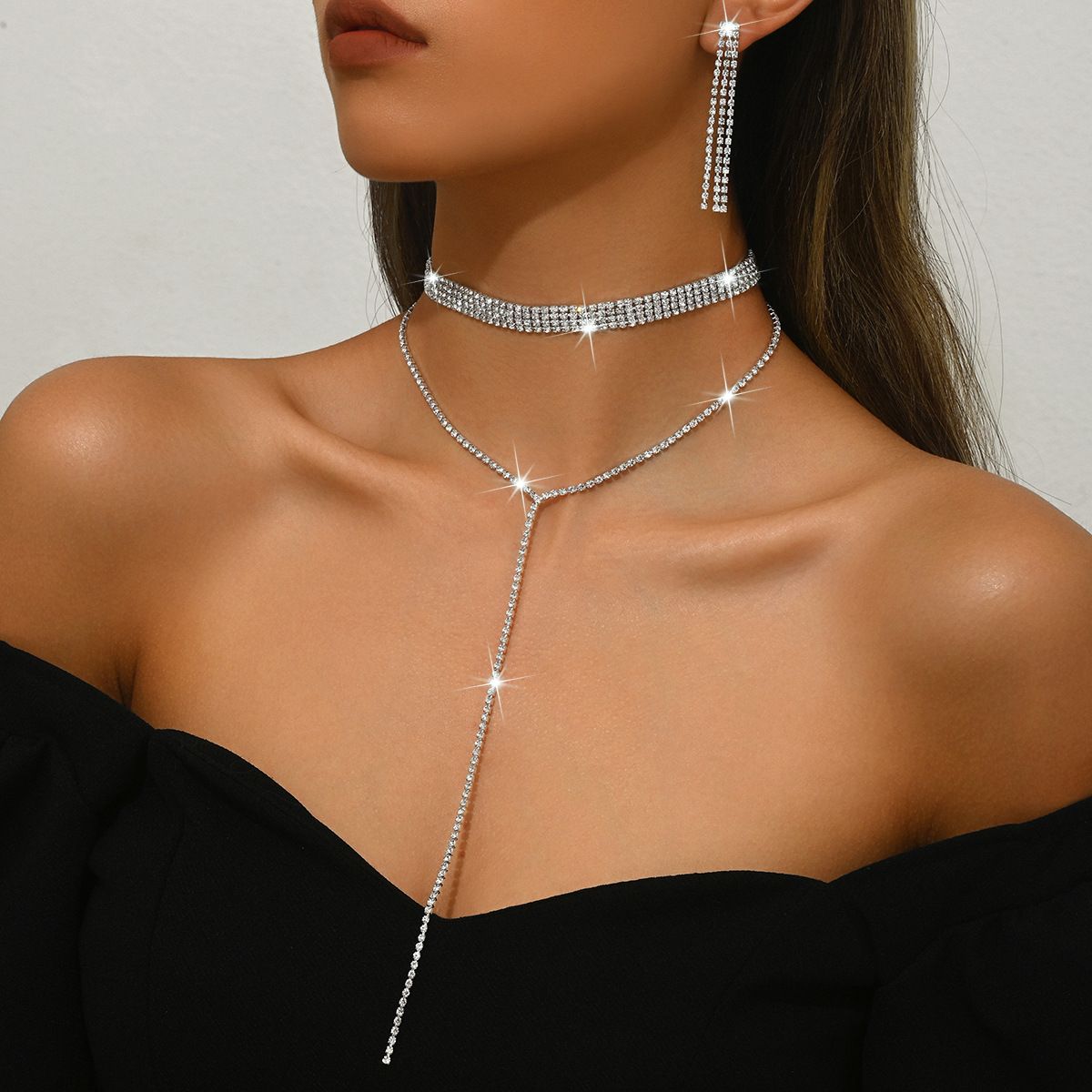 Women’s Jewelry Set Fashion New Full Diamond Multi Layer Necklace Fashionable Simple Long Tassel Necklace Clavicle Chain Female Jewelry_ipsvogv.com