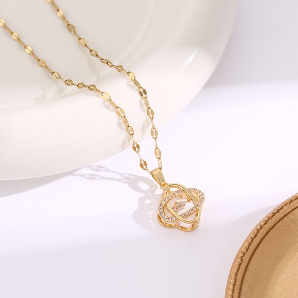 New Korean Edition Gold Plated Micro Inlaid Zircon Dynamic Four Leaf Flower Titanium Steel Necklace Mesh Red Fashion_ipsvogv.com