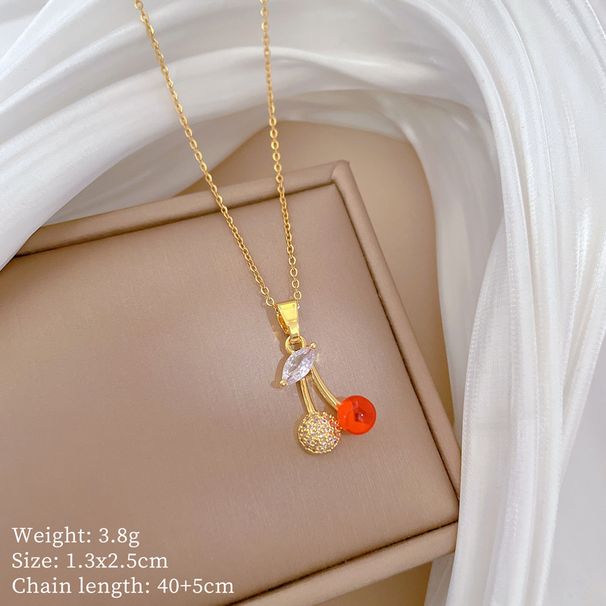 【 】 Fruit Cherry Fashion Light Luxury Charm Gorgeous Full Diamond Necklace Women's Versatile Clavicle Chain Titanium_ipsvogv.com