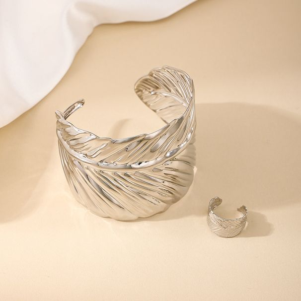 2 piece set retro fashion elegant women's metal texture leaf ladies bracelet ring jewelry set_ipsvogv.com